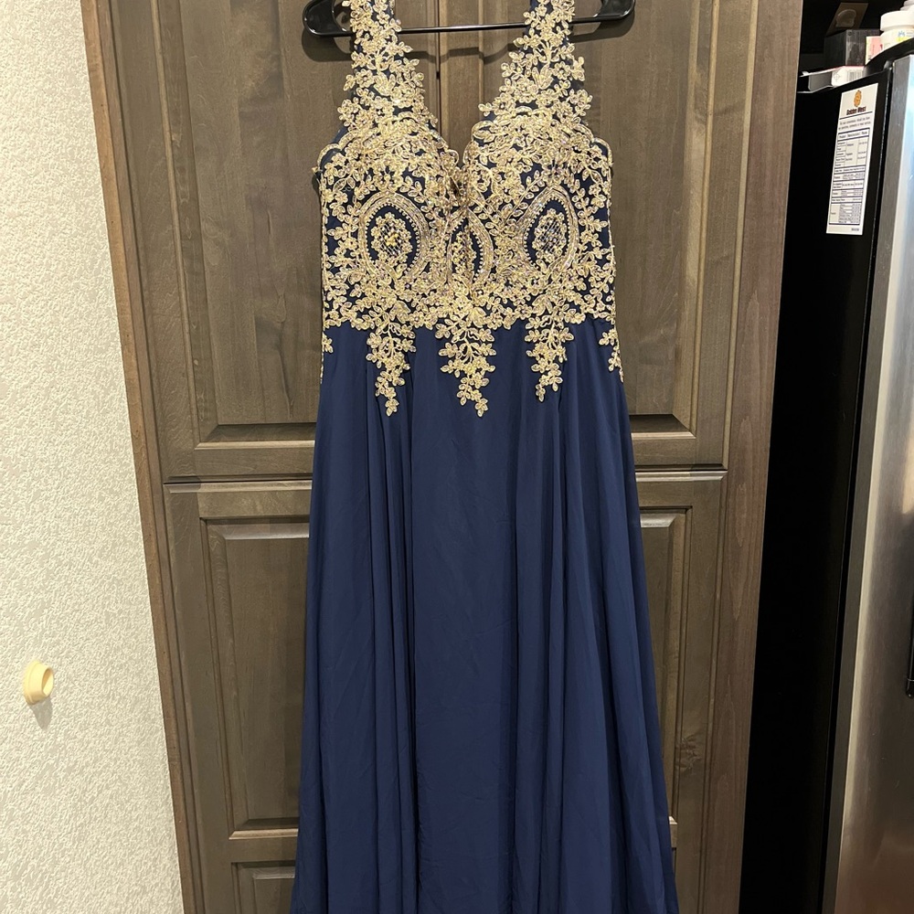 Elegant Navy Dress with Gold Embroidery